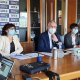Luca Ceriscioli, al centro, con la giunta regionale, conferenza stampa 27 maggio